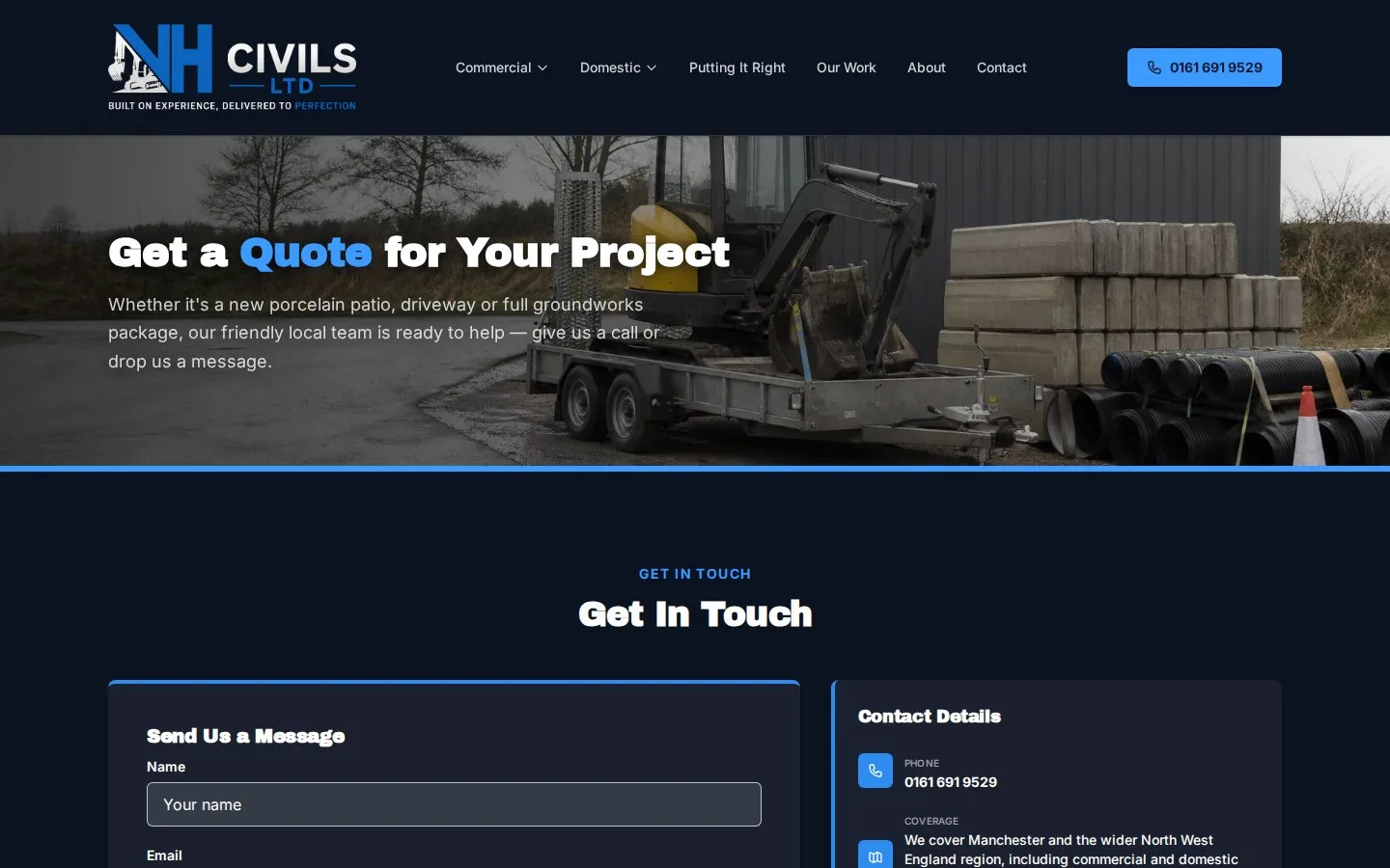 NH Civils Ltd contact page — where the phone number, email and enquiry form sit.