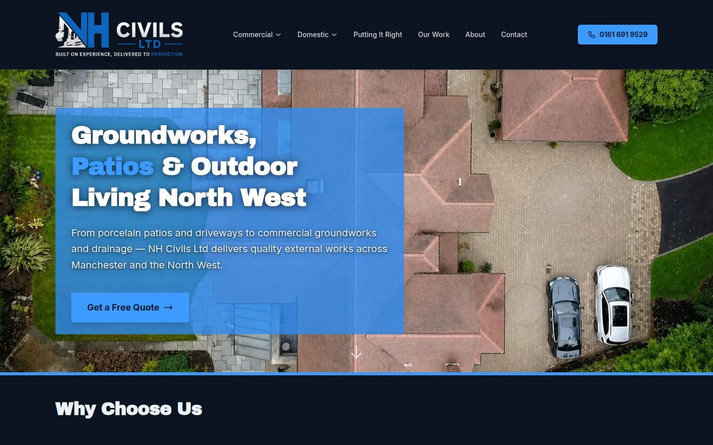 NH Civils Ltd home page — the finished site, its services and contact route.