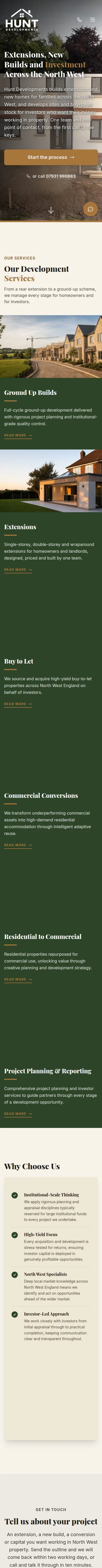 Hunt Developments mobile home page — Extensions, new builds and a project invitation, with a phone alternative.