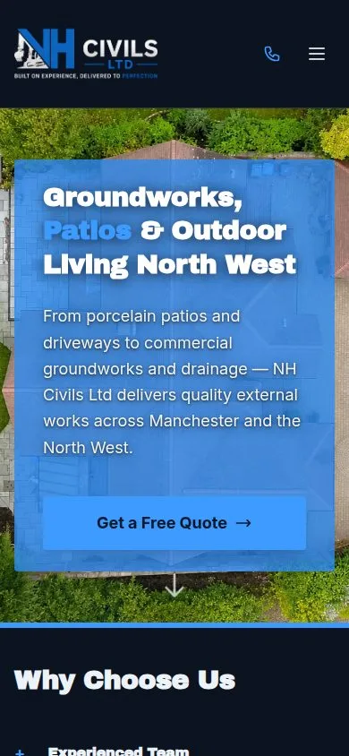 NH Civils Ltd home page on a phone — groundworks, patios, North West and the quote button.