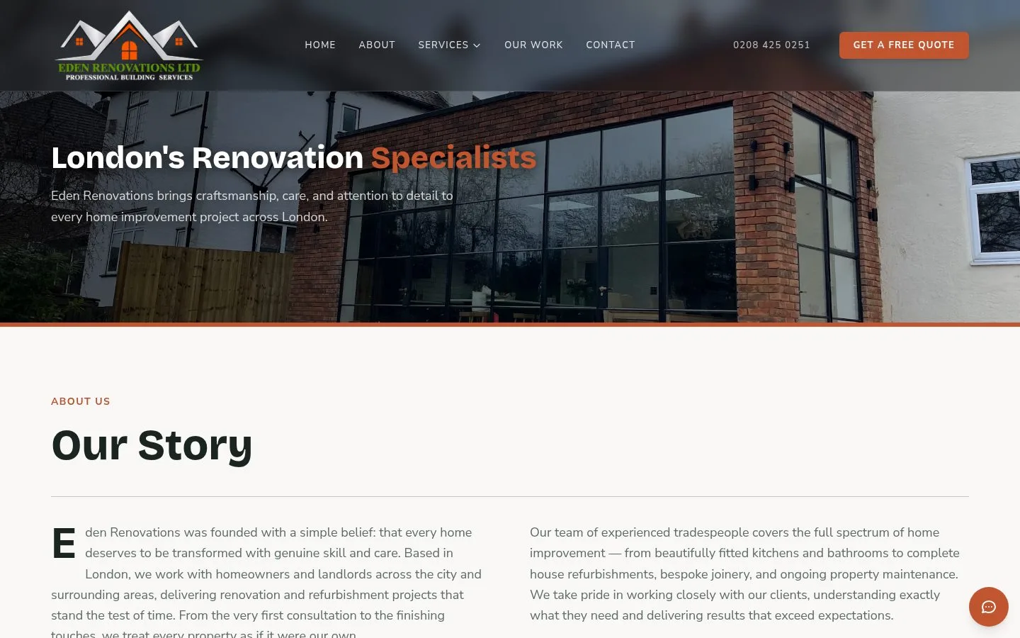 Eden Renovations about page — the business introduction and the place it has on the site.