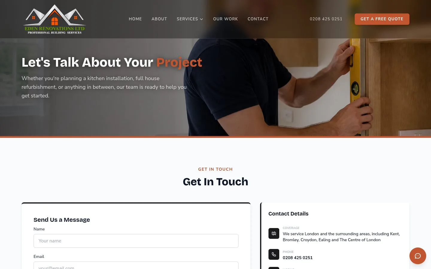 Eden Renovations contact page — the phone route, enquiry form and coverage details.
