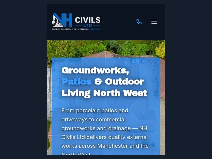 NH Civils Ltd home page on a phone: groundworks and patios, the North West, a quote button.