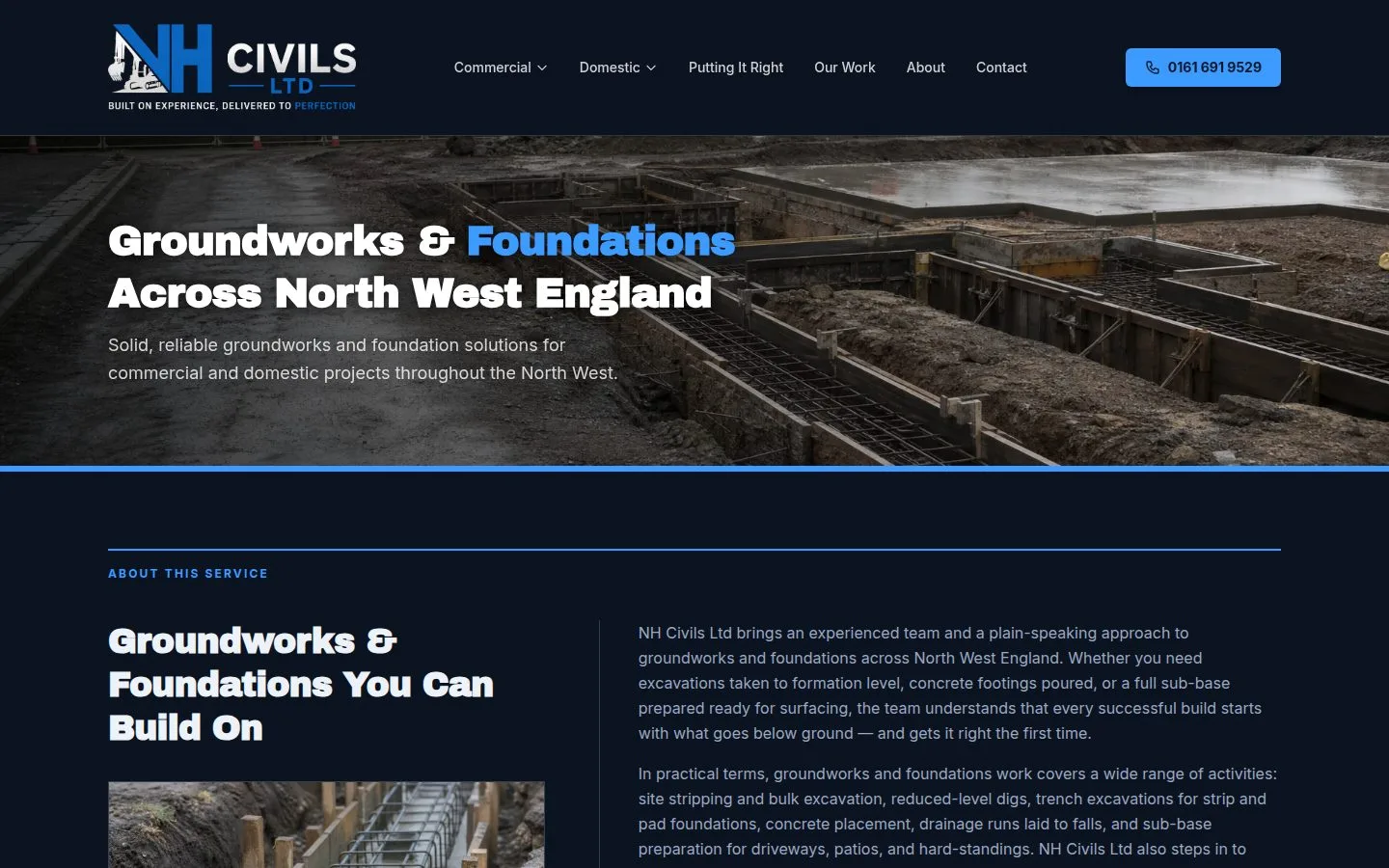 NH Civils Ltd groundworks and foundations page — service and region named together.