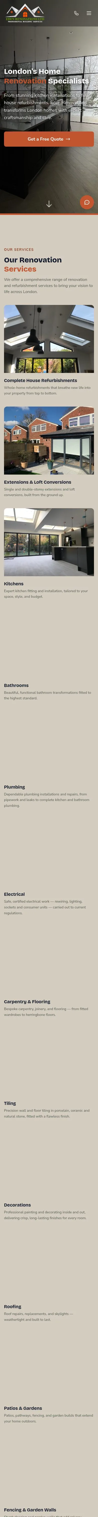 Eden Renovations mobile home page — London renovation work, named services and an invitation to enquire.