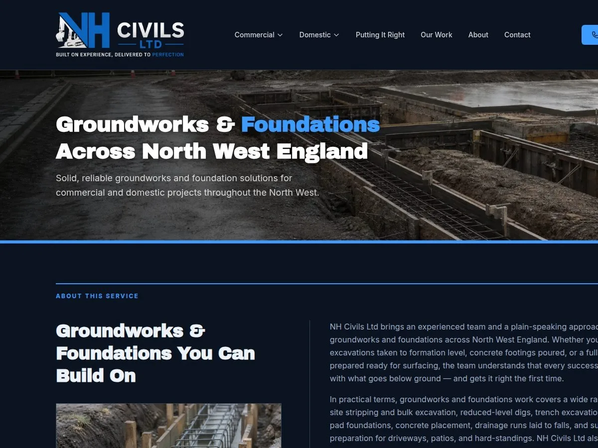 NH Civils Ltd groundworks and foundations page: the service named, the North West region, the quote route.