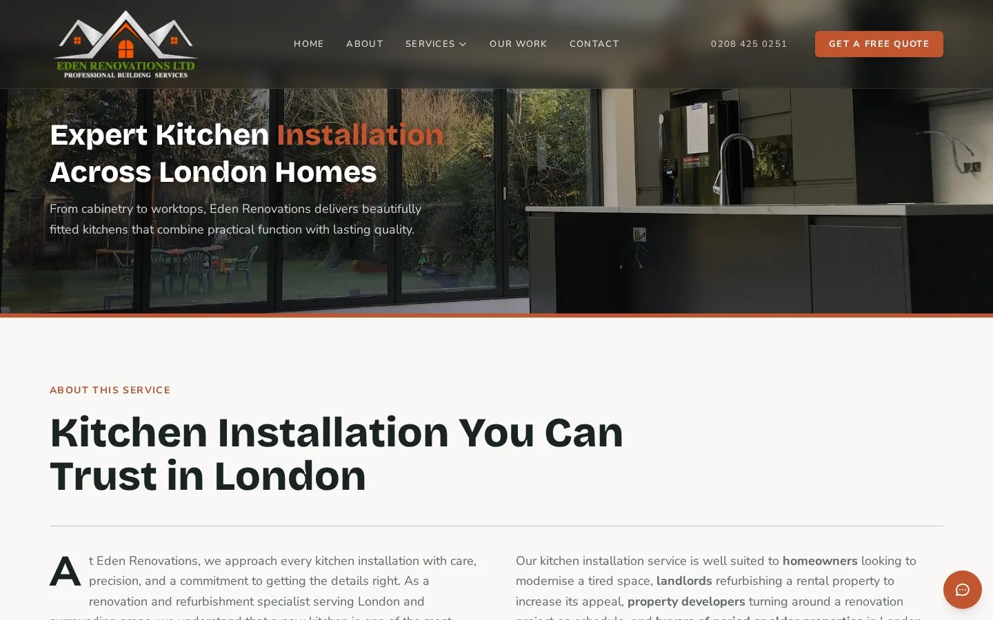 Eden Renovations kitchen installation page — the heading, the London area and the service introduction.