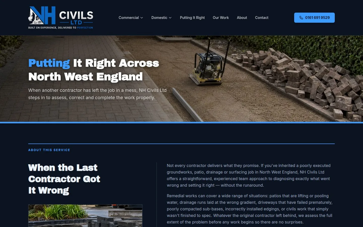 NH Civils Ltd remedial and rectification work page — a specific service given room to be explained.
