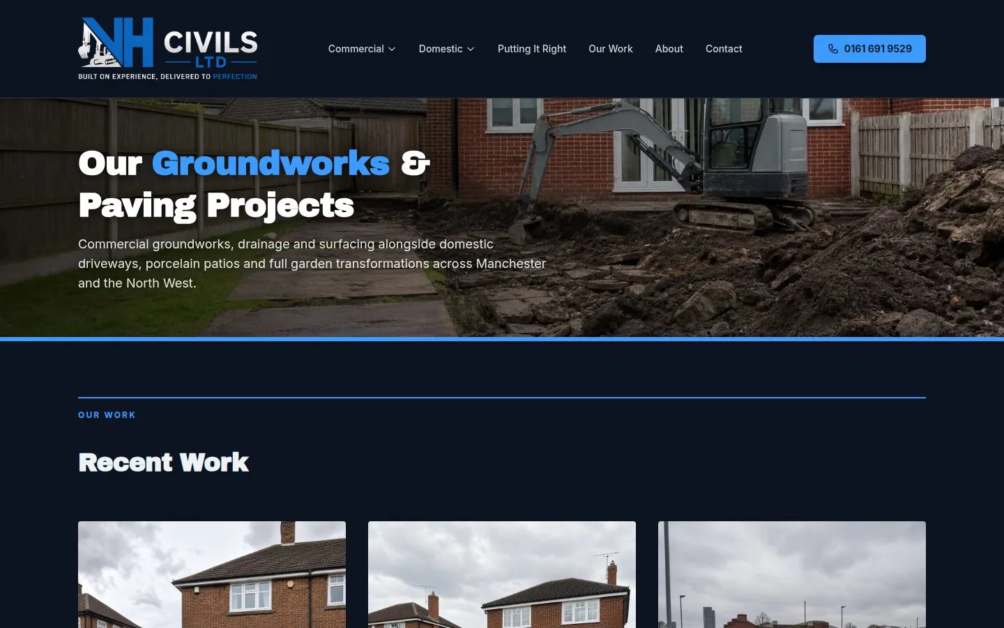 NH Civils Ltd projects page — how completed work has its own place.