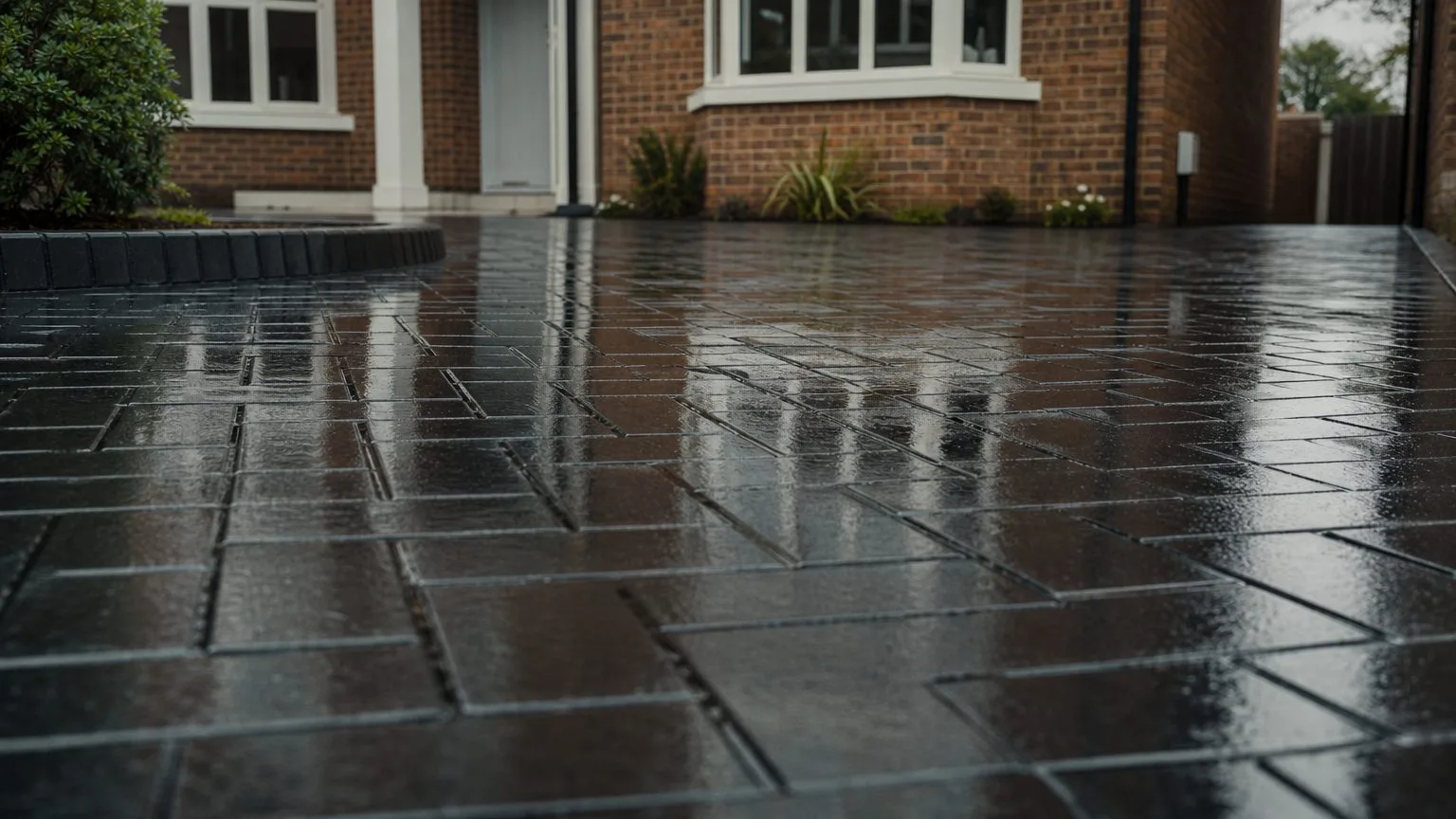 Rain on a carefully laid stone driveway