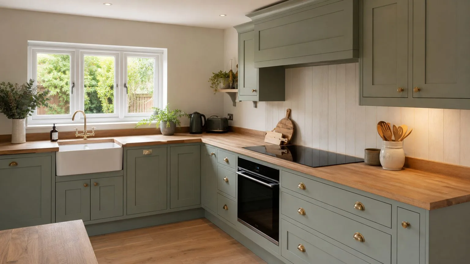 Original kitchen photograph with pale cabinets and timber surfaces