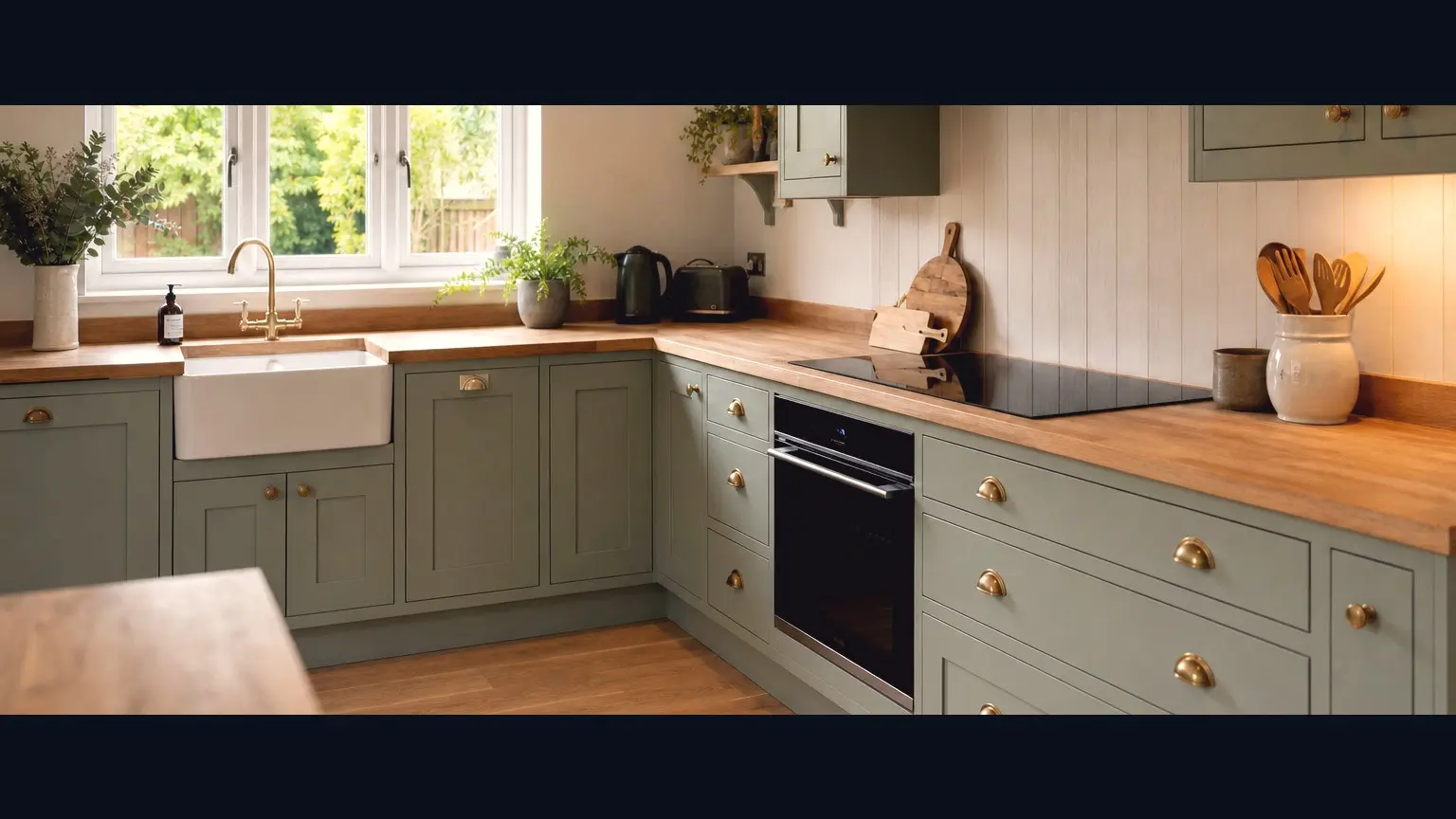 The same kitchen photograph with a film treatment: graded, letterboxed and framed for the cut